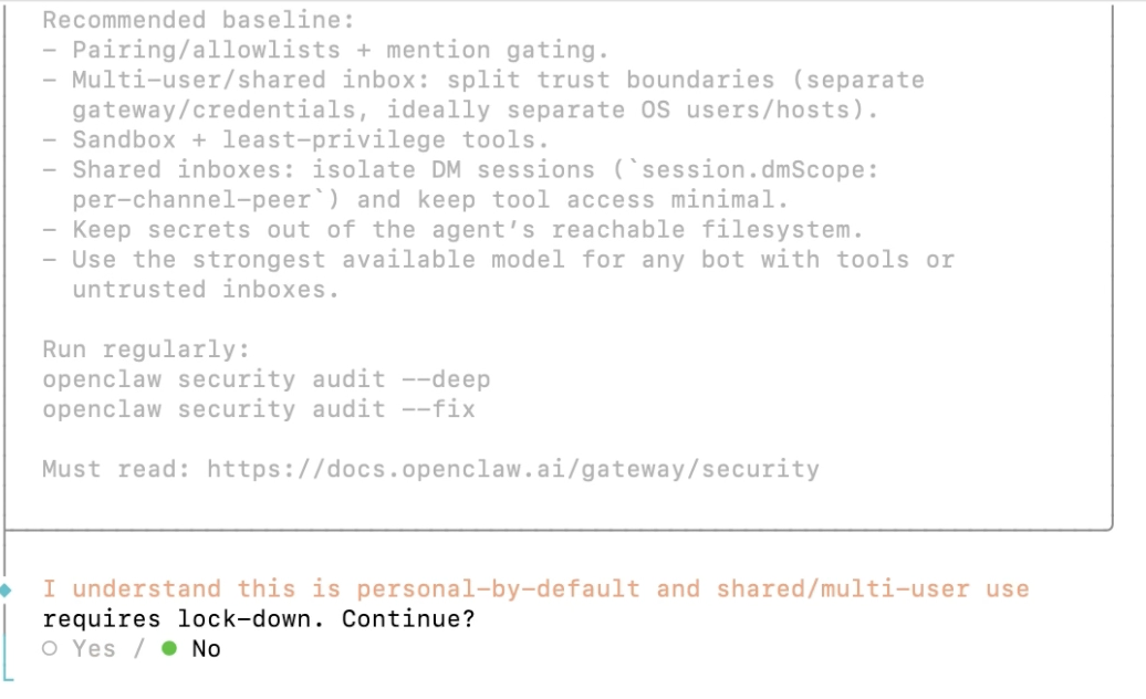 OpenClaw onboarding 安全提醒页